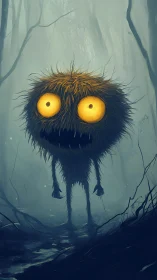 Luminescent-eyed shaggy forest entity in volumetric fog.