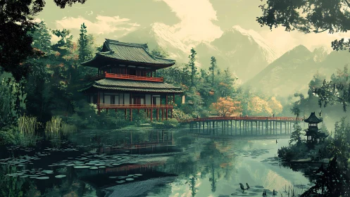 Tranquil lakeside temple beneath mist-veiled mountainscape.