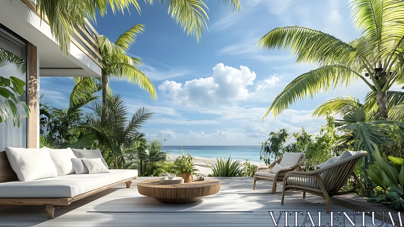 Modern tropical deck with oceanfront vista and loungescape.