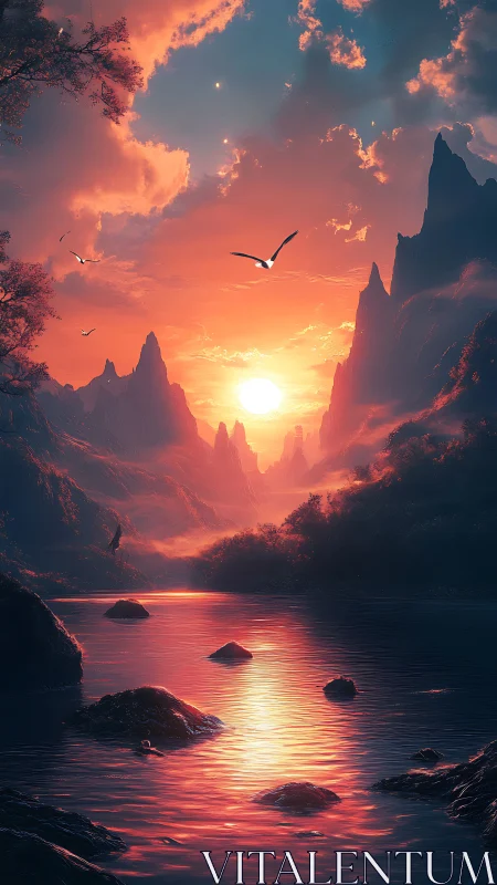 Sunlit river valley beneath flaming fantasy sky at dusk.