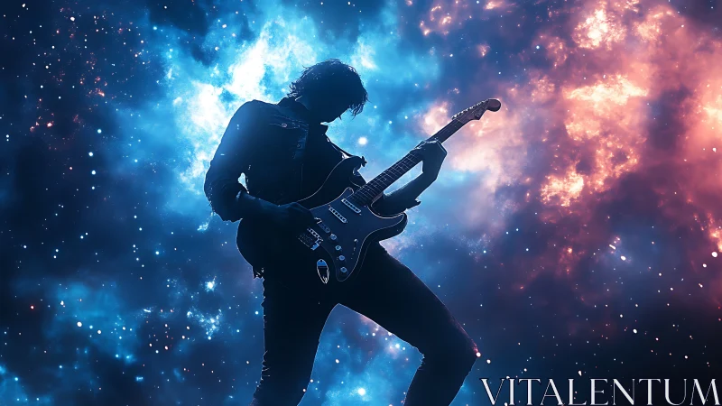 Silhouetted rock guitarist framed by luminous cosmic nebula.
