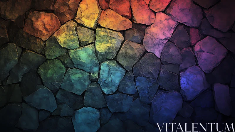 Vibrant Abstract Stone Wall with Rainbow Colors, Digital Art Style.