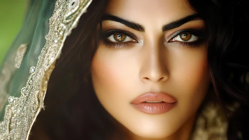 Close-up digital portrait of woman with embroidered veil.