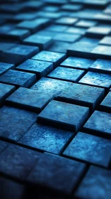 Layered metallic blue cubes recede in shallow depth of field