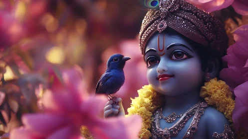 Divine child idol meets blue songbird amid glowing blossoms