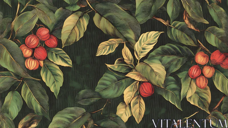 Botanical pattern of red drupes and veined foliage on dark field