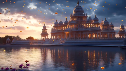 Domed palace complex stands by reflective water at sunset