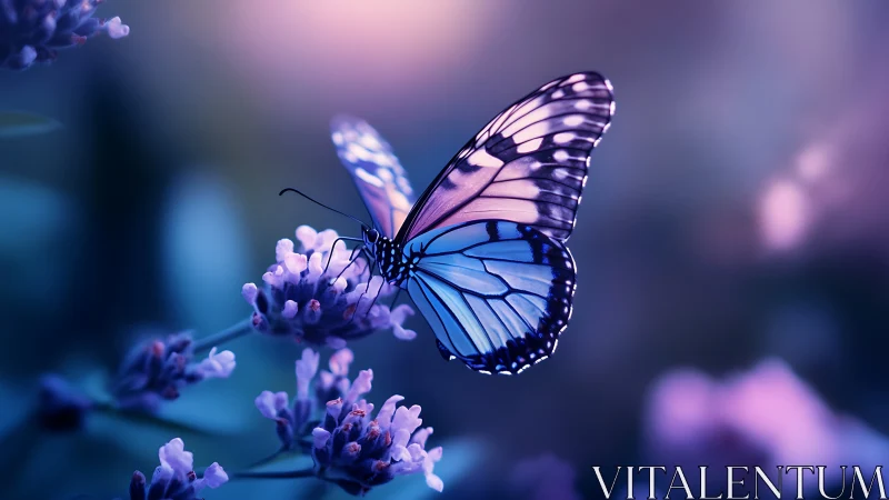 Blue butterfly on lavender-toned flowers in soft focus.