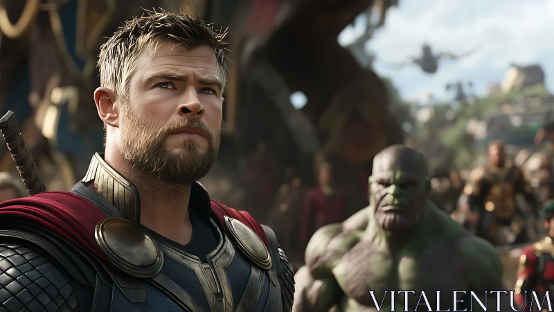 Armored warrior and green titan survey a chaotic battlefield.