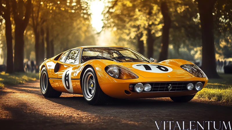 Yellow vintage race car on tree-lined dirt roadway.