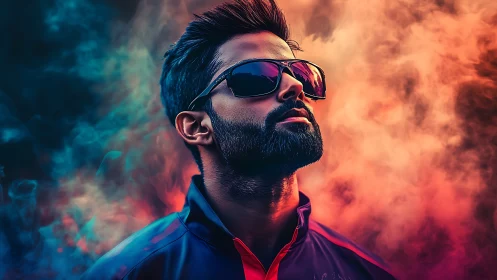 Stylish bearded man in sunglasses framed by vibrant smoke