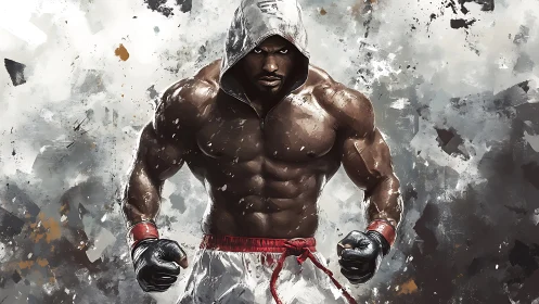 Muscular Fighter in Platinum Hoodie with Black Boxing Gloves and Red Waistband.