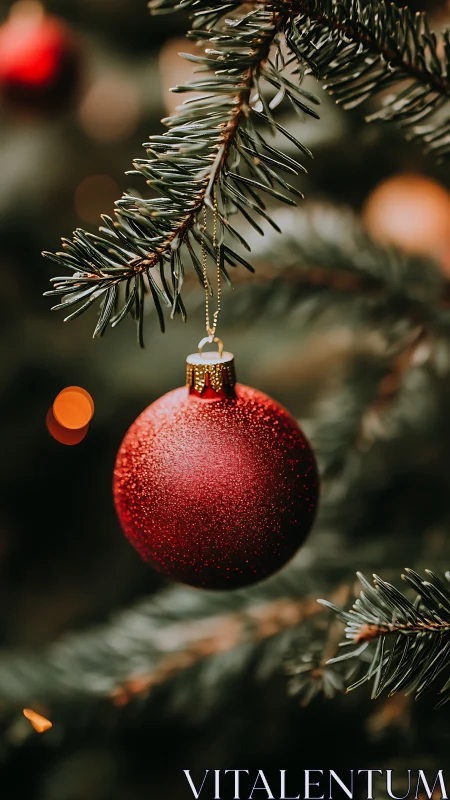 Red Christmas ornament hangs from evergreen branch in bokeh glow