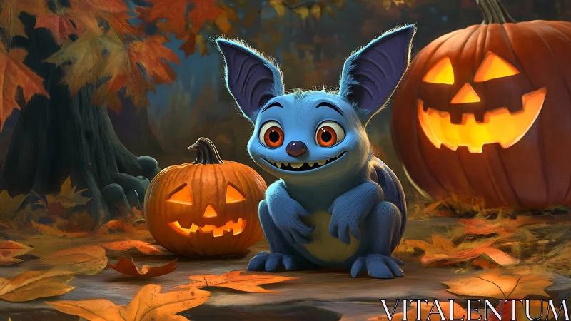 Blue fantasy creature amid carved pumpkins in autumn forest
