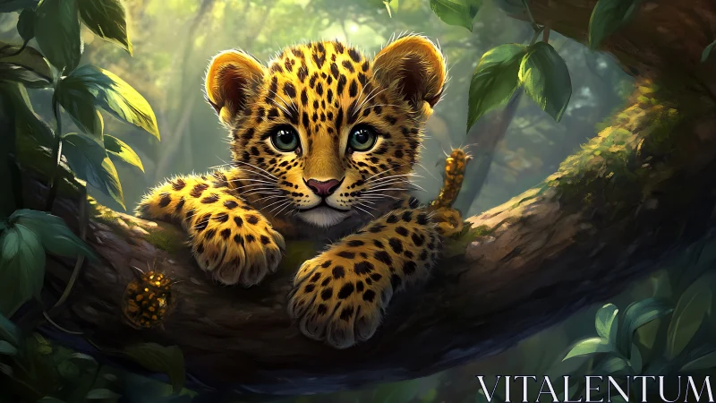 Leopard cub rests on jungle branch amid emerald foliage.
