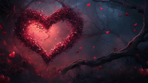Luminous heart formed from glowing red particles in dark forest setting.