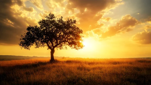 Solitary tree in radiant golden hour prairie light.