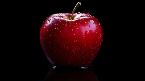 Red apple with water droplets on reflective black background.