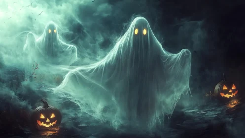Glowing ghosts drift through misty Halloween marshlands