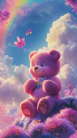 Fluffy pink teddy under candy clouds and a rainbow daydream.