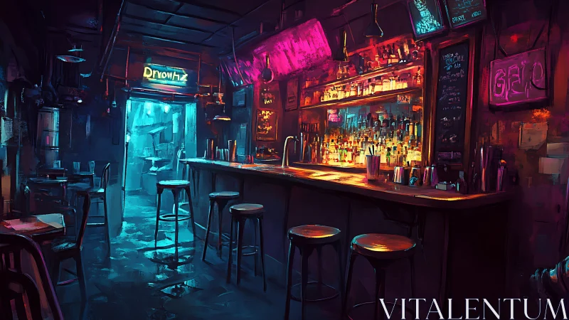 Neon-soaked bar counter glows warmly in a moody city night