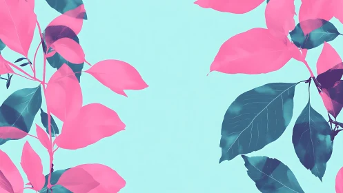 Pink and teal botanical leaves on bright blue background.