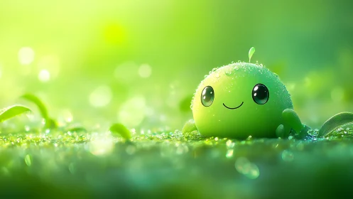 Macro-rendered dew sprite organism in luminous green meadow.