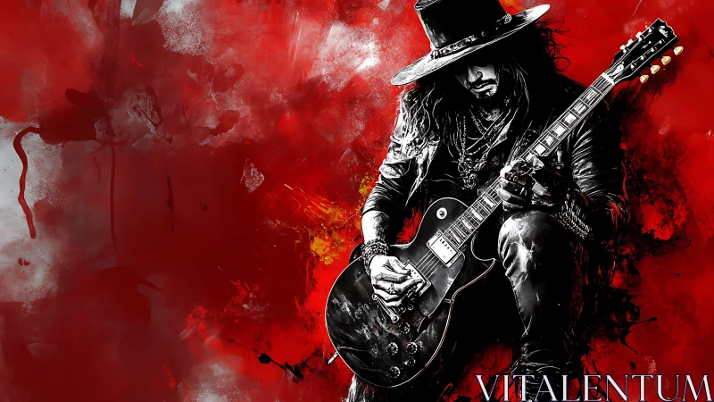 Guitarist in dark attire against red abstract backdrop.