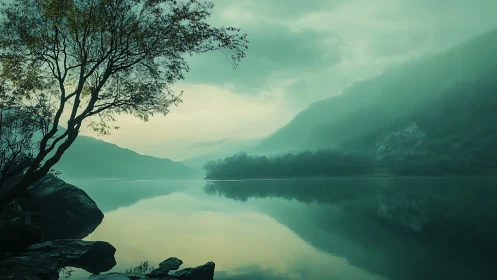 Misty mountain lake with lone tree and soft reflections.