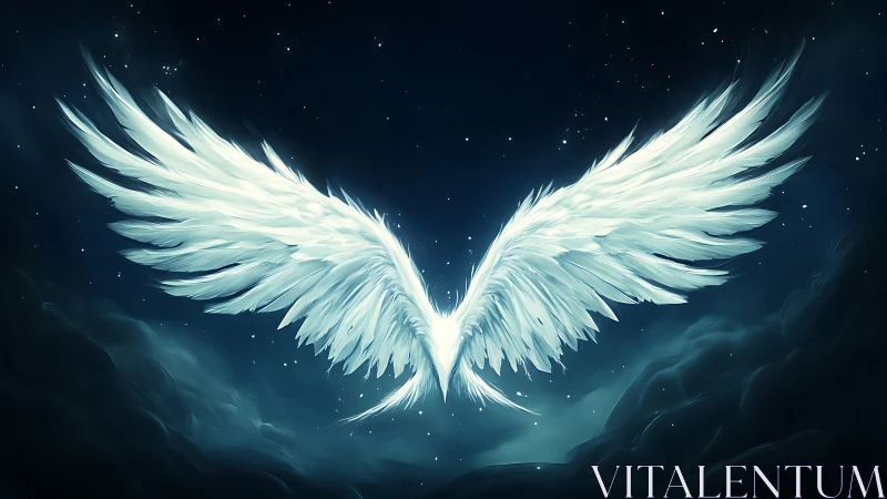 Glowing white angel wings spread wide in a night sky.