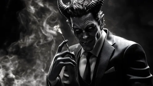 Demonic executive portrait in noir monochrome lighting style.