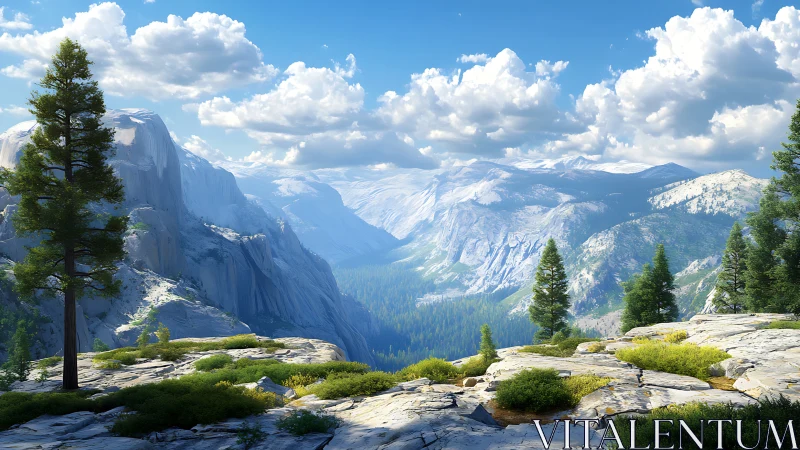 Sunlit mountain valley stretches beneath bright summer clouds