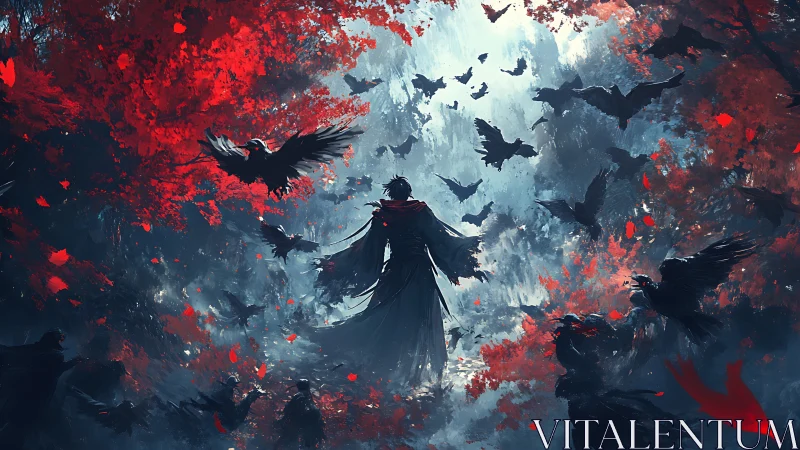 Raven-cloaked figure in crimson forest vortex of flight.