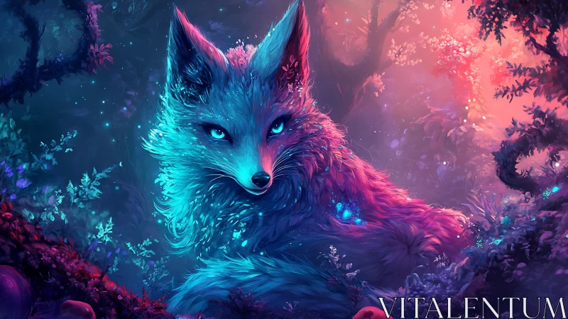 Bioluminescent fox rests in neon lit fantasy forest