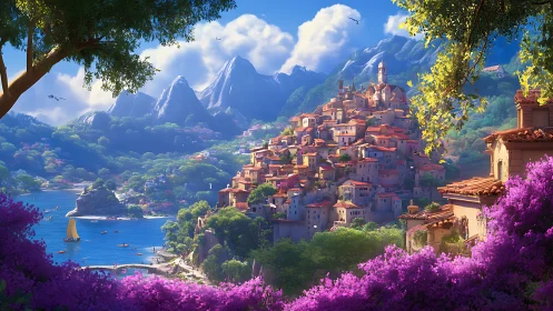 Sunlit terraced coastal village framed by bay, cliffs and florals