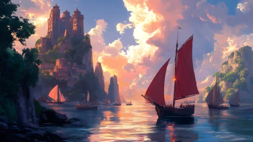Sunlit cliffside fortress harbor with crimson lateen sailing fleet