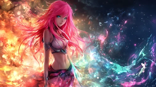 Starlit girl with pink hair wrapped in swirling cosmic color.