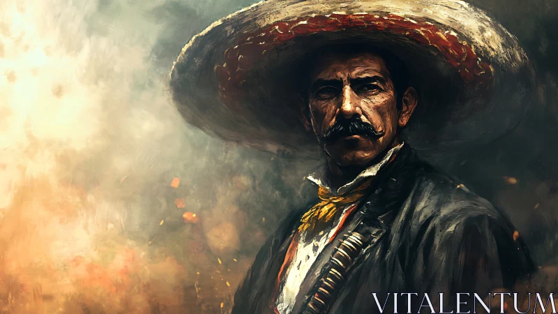 Storm-eyed vaquero in ember-swirled dusk, stoic and unyielding.