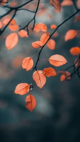 Orange leaves hang from thin branches against soft blur