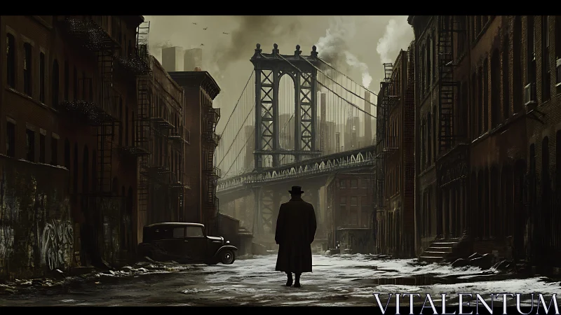 Solitary figure in industrial bridge alleyway at dusk.