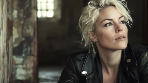 Brooding blonde portrait in moody urban interior light.