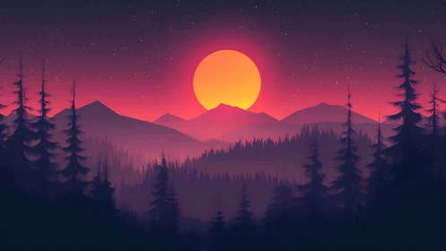 Radiant neon sunset sinks behind misty pine mountains