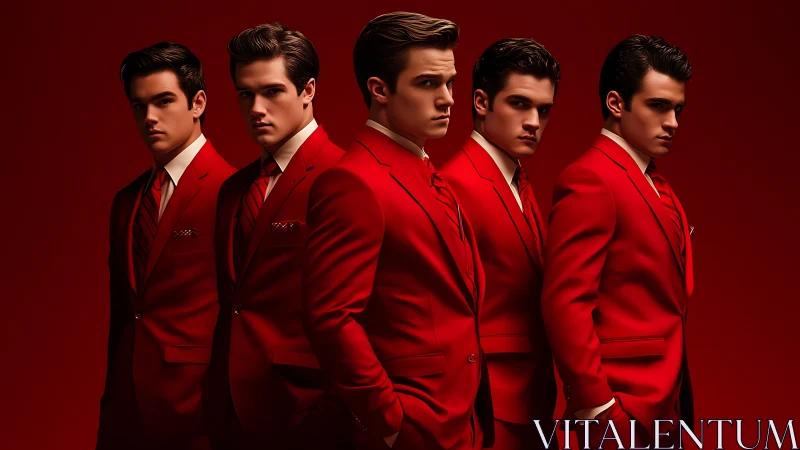 Five young men in matching sharp red suits on red.