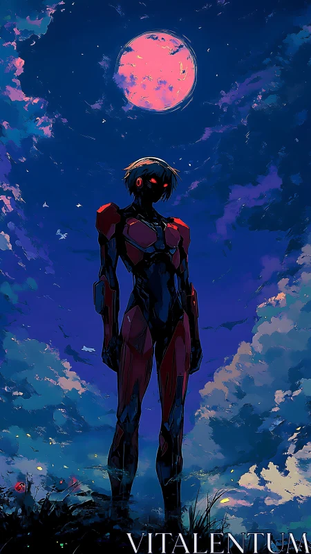 Cybernetic sentinel under neon moonlit storm sky.