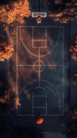 Autumn aerial basketball court with moody chiaroscuro lighting.
