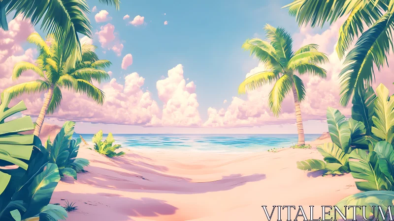 Tropical Paradise Beach: Pastel Digital Seascape with Palm Framing.