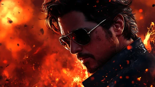 Brooding action hero walks through blazing inferno backdrop.