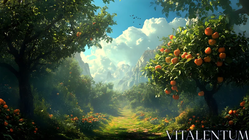 Luminous orchard corridor with volumetric light and albedo detail.