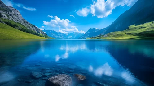 Glacial alpine lake with mirror-like reflections and steep valley walls