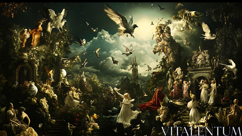 Celestial garden tableau swarms with doves and figures.